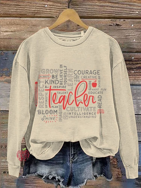 Teacher Word Art Casual Print Sweatshirt