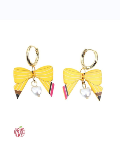 Back To School Pencil Bow Hoop Drop Earrings