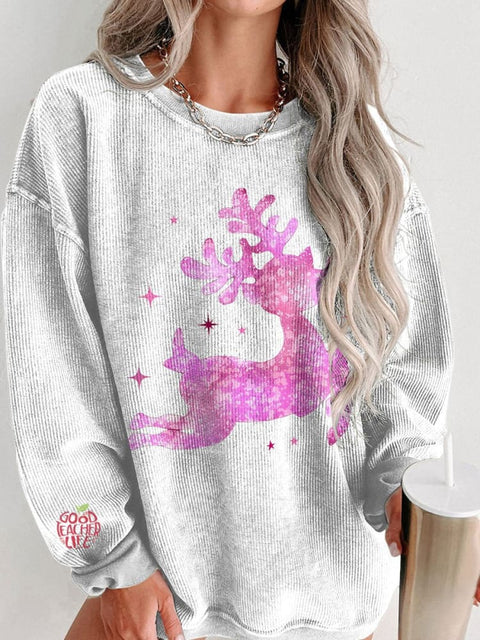 Women's Pink Girls Christmas Casual Print Corduroy Sweatshirt