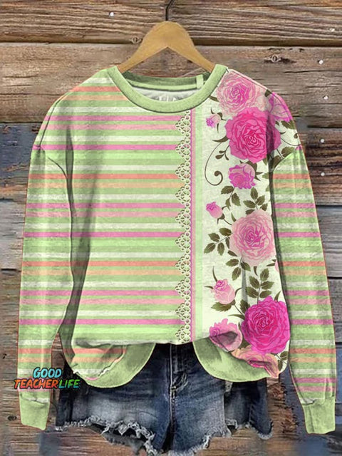 Retro Rose And Strip Pattern Printed Casual Sweatshirt