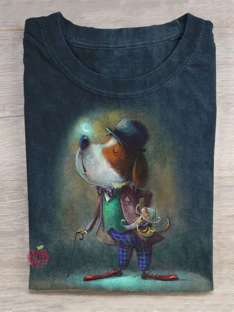 Mr.Gentleman Puppy In The Moonlight Illustration Printed T-shirt