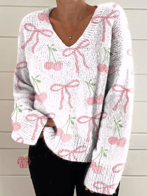 Women's Pink Bow Cherry Print Casual V-neck Pullover Knit