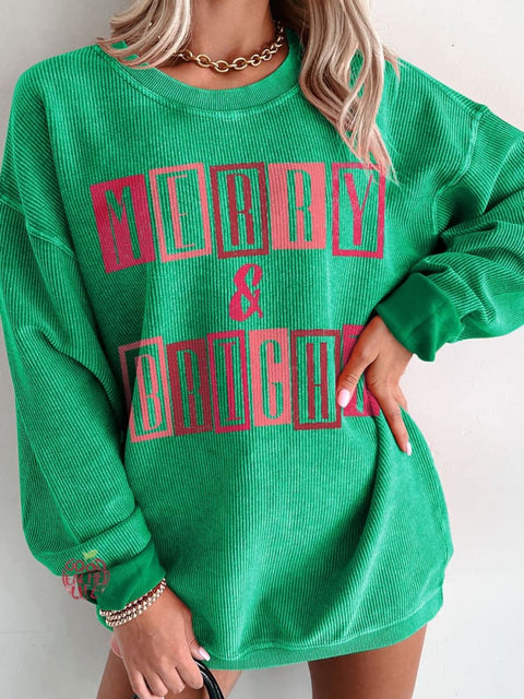 Women's Pink Christmas Merry and Bright Casual Print Corduroy Sweatshirt