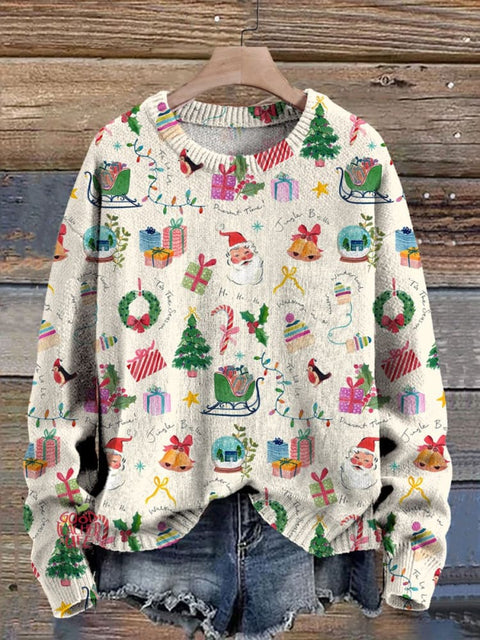 Retro Watercolor Christmas Pattern Printed Knit Pullover Sweater