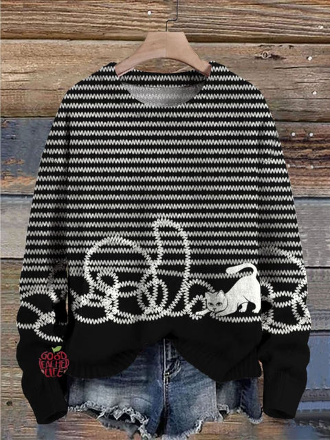 Cute Cat Print Knit Pullover Sweater