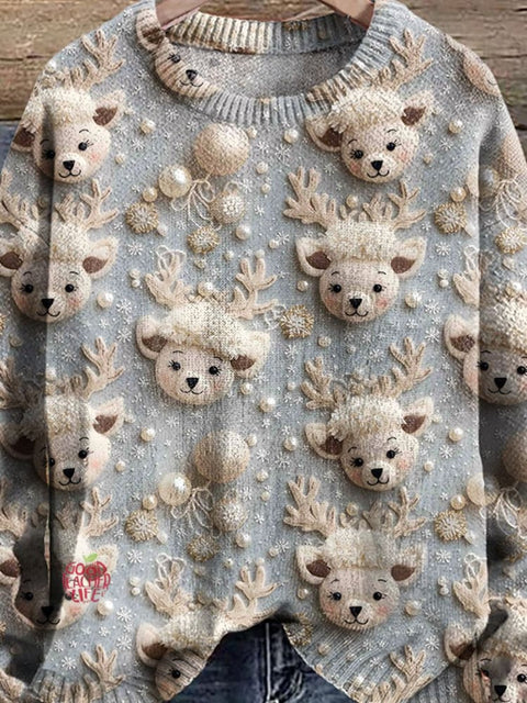 Christmas Reindeer Cute Reindeer Cozy Snow Ivory Blue Winter Print Knit Pullover Sweater