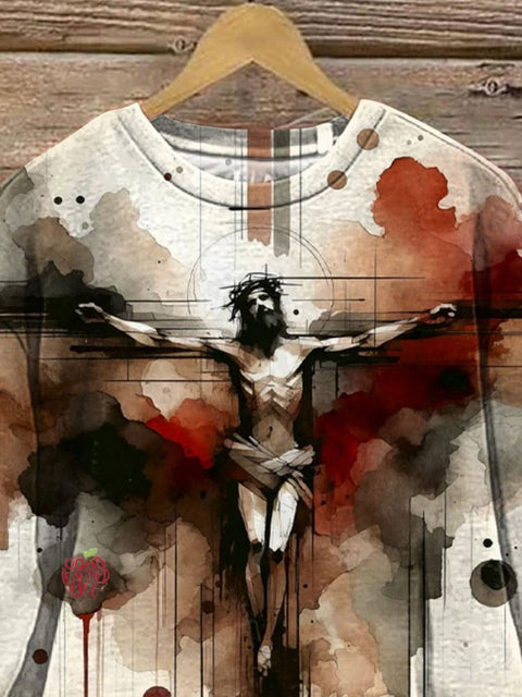 Watercolor Jesus And Crusifix Art Printed Casual Sweatshirt