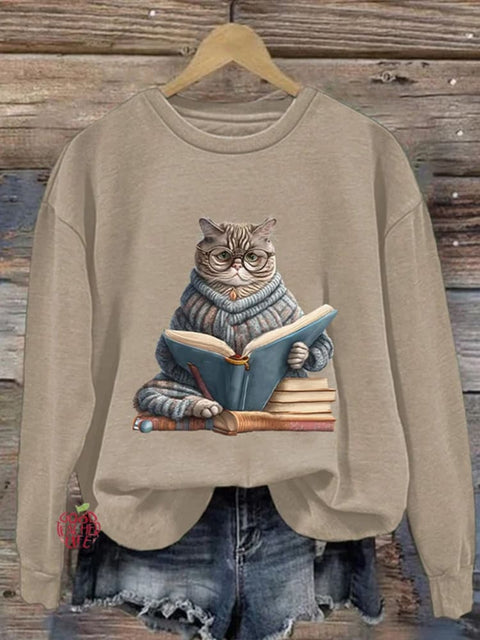 Cat In A Cardigan Read A Book Casual Print Sweatshirt