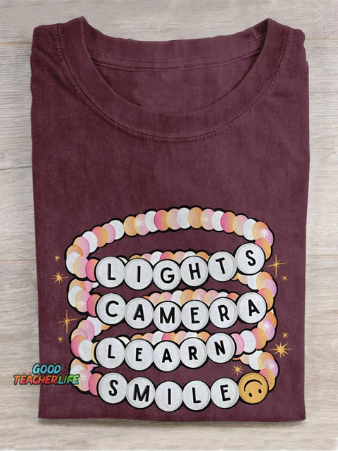 Lights Camera Teach Smile Teacher Groovy Casual Print T-shirt