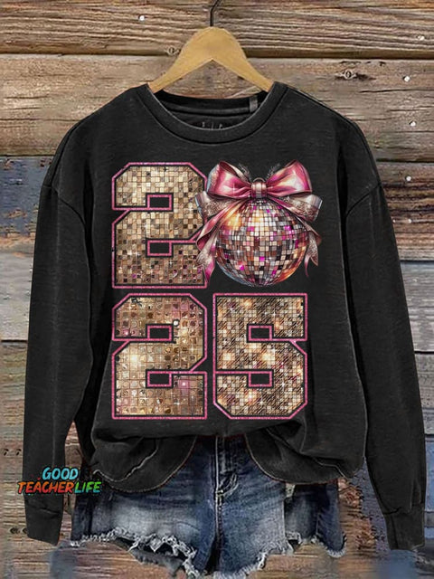 New Year 2025 Disco Ball Casual Print Sweatshirt