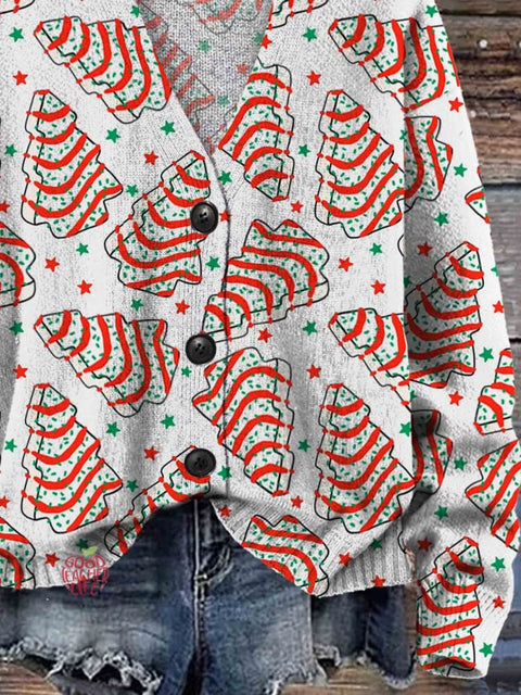 Christmas Trees Print Buttoned Cardigan Sweater