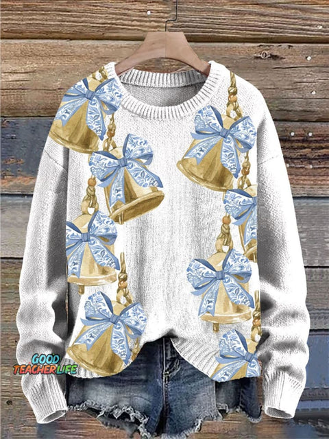 Christmas Rattle Bow Print Knit Pullover Sweater
