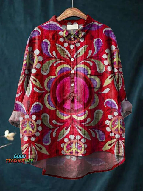 Vintage Floral Peace And Love Art Print Casual Cotton And Linen Shirt