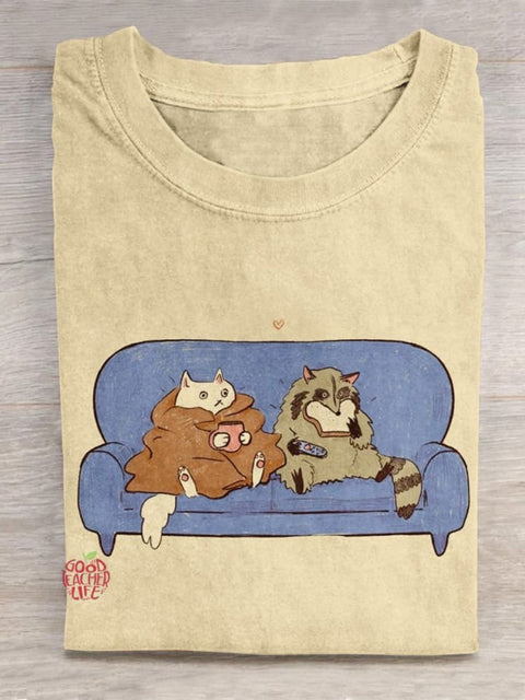 Kitten And Raccoon Best Buddy Resting On The Couch Illustration Printed T-shirt