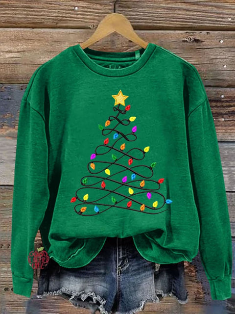 Christmas Light Tree Print Casual  Sweatshirt