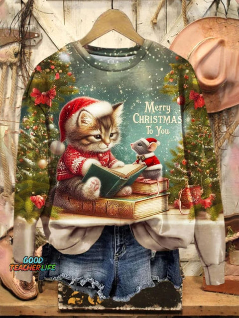 Lovely Christmas Cat Mouse Art Print Casual Sweatshirt