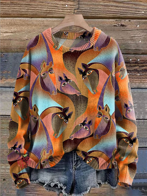 Brown Horses Art Print Knit Pullover Sweater