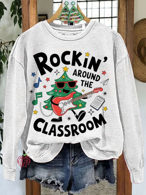 Rockin Around The Classroom Retro Teacher Christmas Casual Sweatshirt