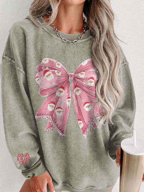 Christmas Cute Santa Bow Women's  Casual Print Corduroy Sweatshirt