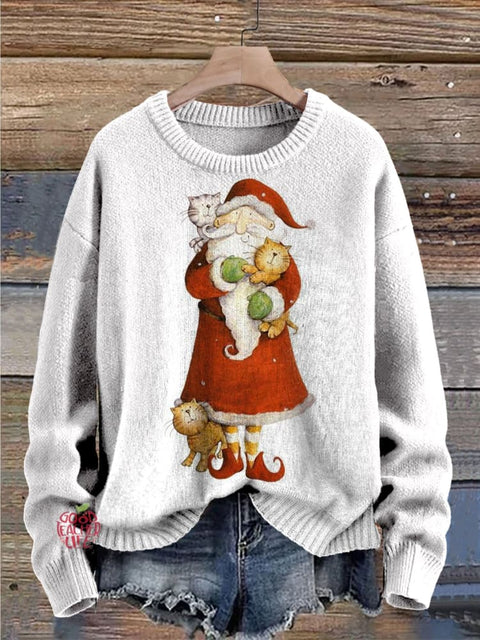 Christmas Santa Claus Dog Cat Funny Cute Print Knit Pullover Sweater