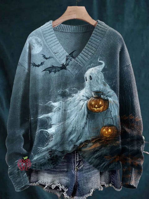 Ghost Pumpkin And Coffee Print Knit V-neck Pullover Sweater