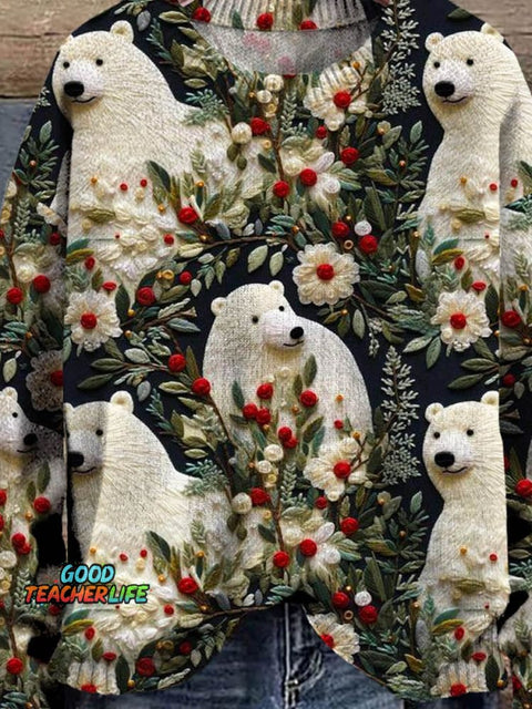 Cute White Bears Floral Decorations Art Print Casual Knit Pullover Sweater