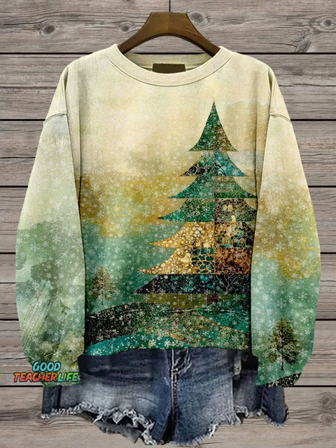 Green Gold Christmas Tree Casual Print Sweatshirt