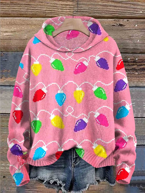 Christmas Lights Print Casual Knitted Hoodie Sweater