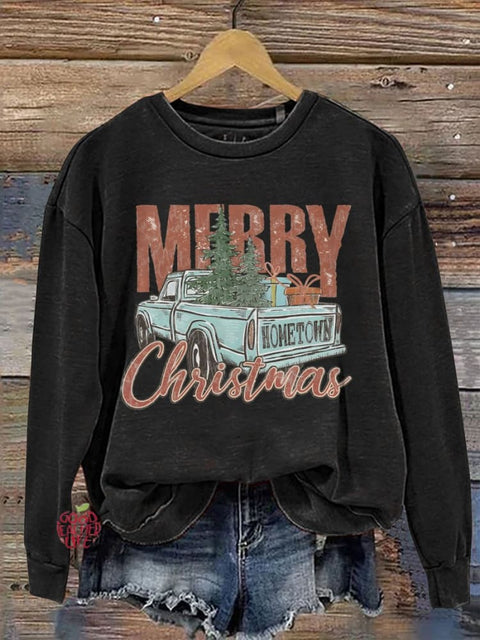 Merry Christmas Car Christmas Tree Print Casual Sweatshirt