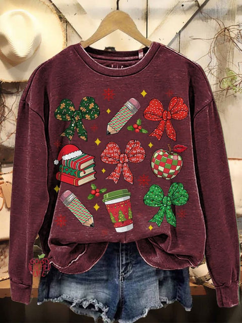 Coquettish Bow Teacher Christmas Pencil Casual Sweatshirt