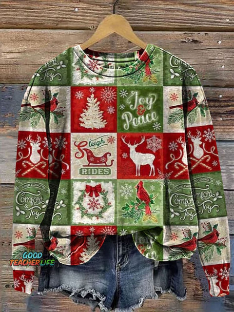 Retro Christmas Patchwork Art Prrint Casual  Sweatshirt