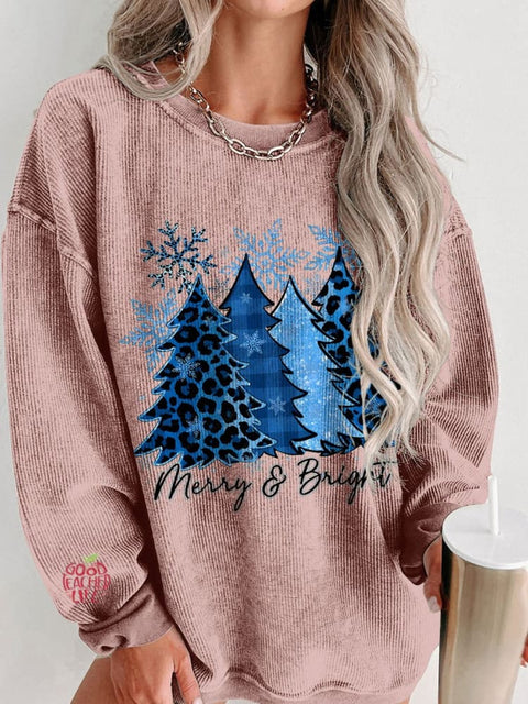 Women's Blue Christmas Trees Snowflake Merry and Bright Casual Print Corduroy Sweatshirt