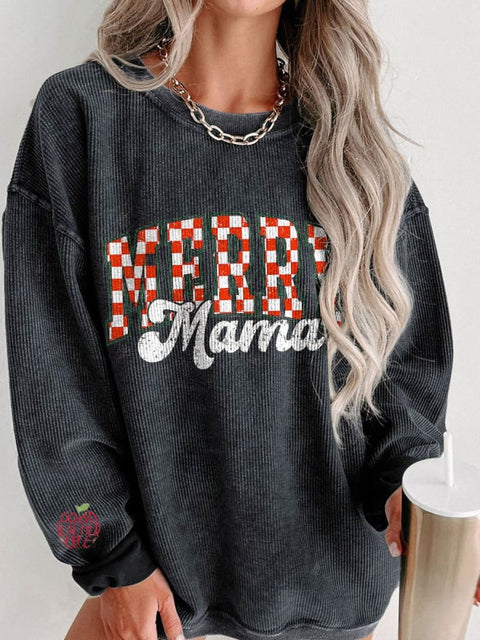 Women's Retro Checkered Christmas Mama Casual Print Corduroy Sweatshirt