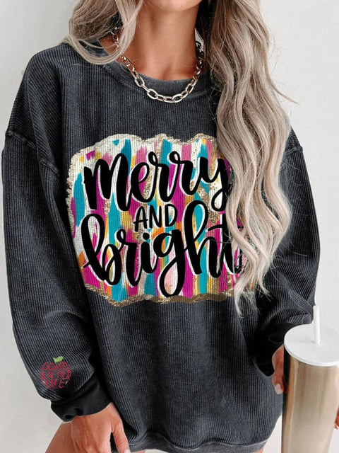 Christmas Merry and Bright Brush Strokes Women's  Casual Print Corduroy Sweatshirt