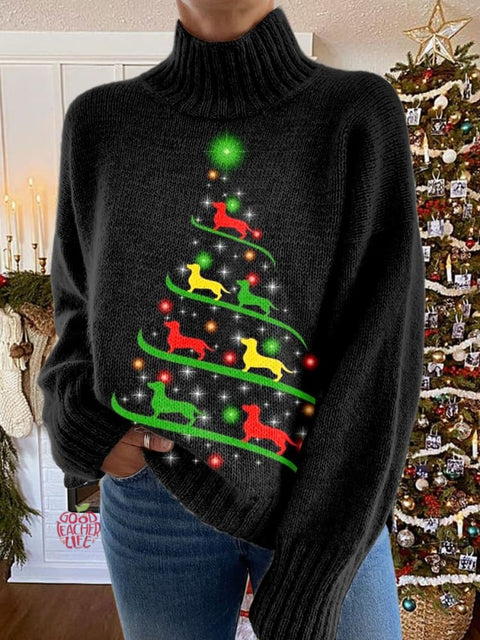 Dachshund Glitter  Christmas Tree Print Knit Turtleneck Pullover Sweater