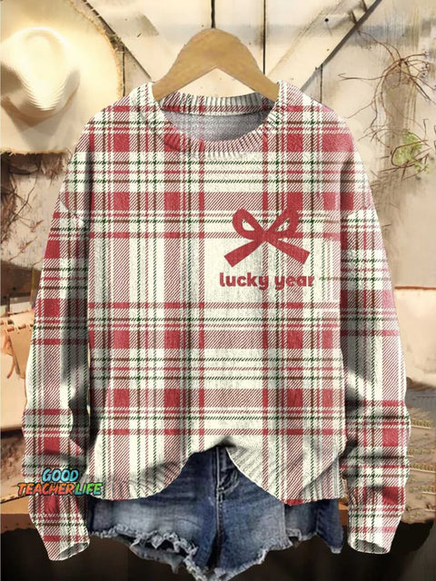 Christmas Lucky Year Plaid Pattern Art Print Knit Pullover Sweater