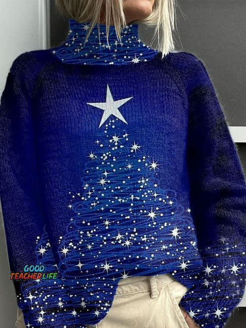 Glitter Christmas Print Knit Turtleneck Pullover Sweater