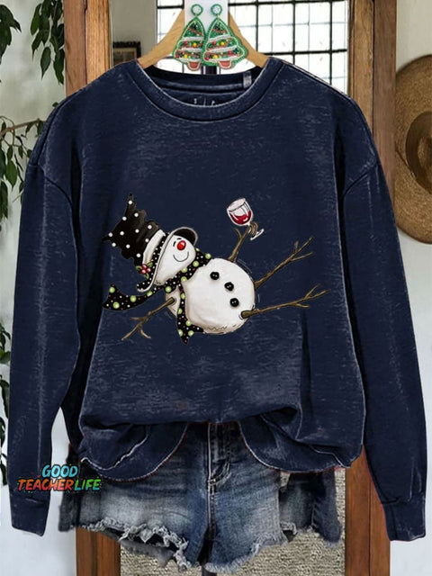 Drunk Snowman Drinking Wine Winter Holiday Christmas Casual Print Sweatshirt