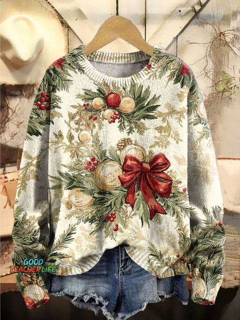 Christmas Art Print Knit Pullover Sweater