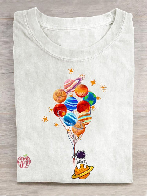 Space Balloon Astronaut Space Teacher Casual Print T-shirt