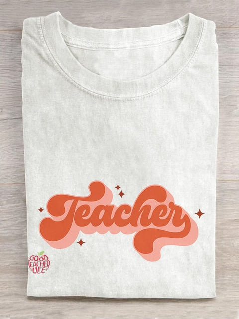 Retro Teacher Casual Print T-shirt