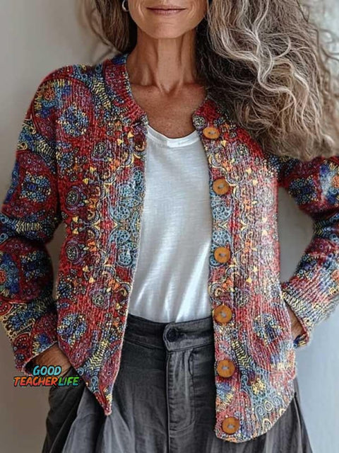 Retro Ethnic Totem Pattern Print Buttoned Cardigan Sweater