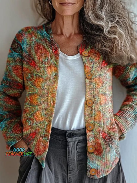 Retro Ethnic Totem Pattern Love and Peace Print Buttoned Cardigan Sweater