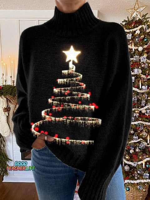 Glitter Christmas Print Knit Turtleneck Pullover Sweater
