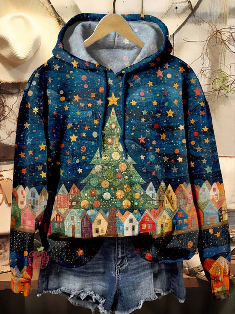 Christmas Night Stars Christmas Tree Town Print Casual Hoodie Sweatshirt