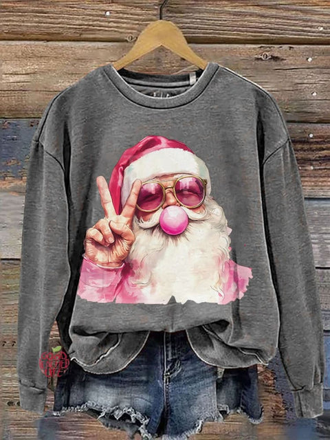 Retro Santa Christmas Blowing Bubble Casual Print Sweatshirt