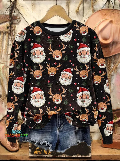 Lovely Christmas Santa Deer Art Print Casual Sweatshirt