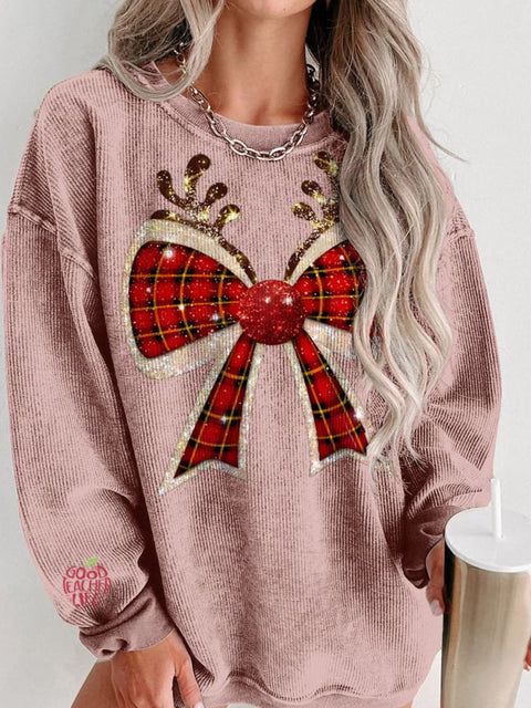 Christmas Reindeer Plaid Bow Print Women's Casual Sweatshirt