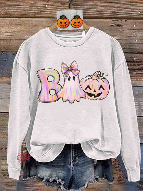 Retro Iridescent Ghost Pumpkin Pink Ghost Halloween Print Sweatshirt