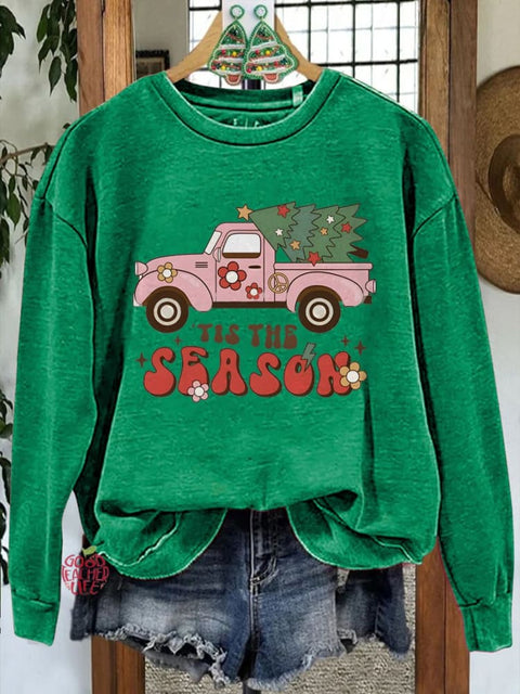 Pink Car Christmas Tree Print Casual Sweatshirt